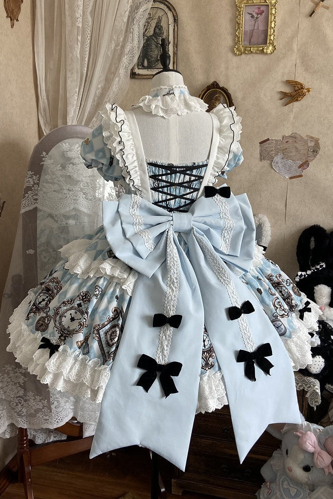 [Reservierungsschluss 30. Juni] Blaue x weiße Alice-im-Wunderland Sweet-Lolita-Accessoires-Serie (Hasenohren-Hut, Hasenohren-Haarreif, Halsband, Taschenuhr-Brosche, rückseitige Schleppen-Schleife, Handgelenkstulpen)