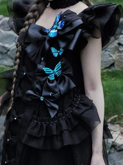 [Vorbestellfrist: 1014] Schwarz/weißes Gothic-Lolita-Set aus Puppenkleid mit Schmetterlingsschleife, Bandkragen und Flatterärmeln + Puppenkleid mit eckigem Ausschnitt und Flatterärmeln