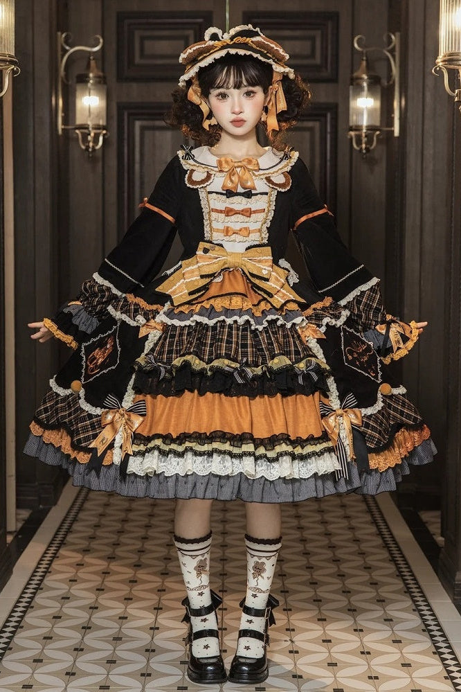 [Reservierungsschluss 8. September] Classic Bear Lolita-Stufenkleid mit weißem Kragen, Karomuster, Spitze und Schleife+Vintage-JSK-Kleid mit Teddybär-Print und Spitze+Vintage-Lolita-Kleid mit Teddybär-Print, Karokragen und klassischem Karomuster