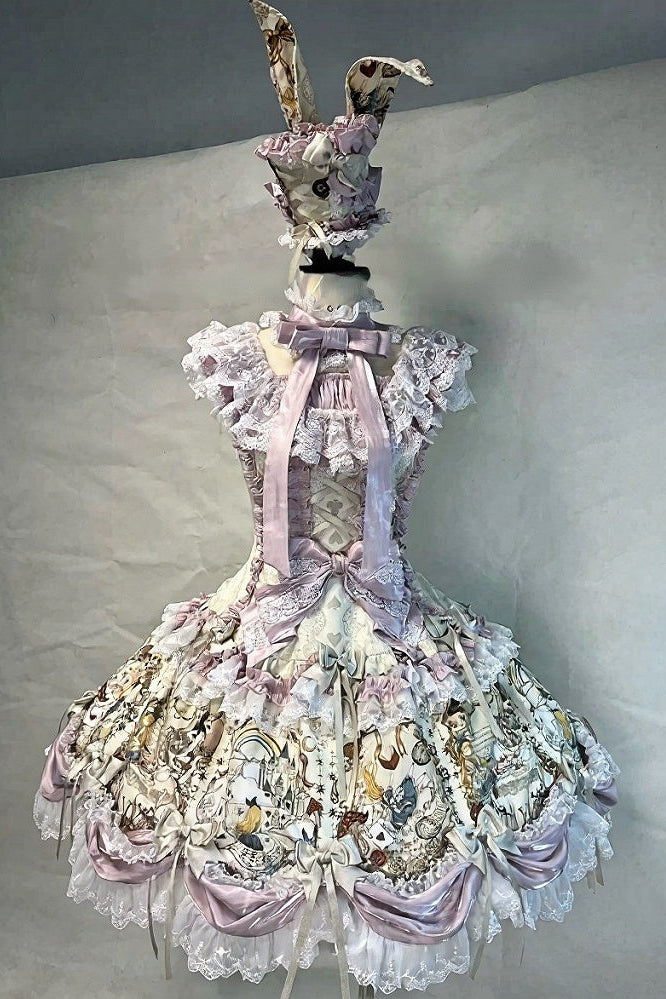 [Pre-order Deadline: September 28] Navy/Off-White Alice Classical Lolita Print Playing Card Frill Ribbon Dress + KC Set + Bunny Ear Hat Set