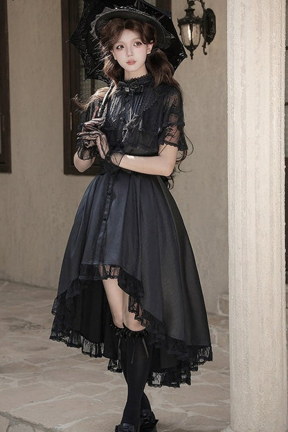 【10月8日予約締切】Black Classic Lolita Black Bow High-Low Dress(Sheer lace hem version / Plain satin frill hem version)