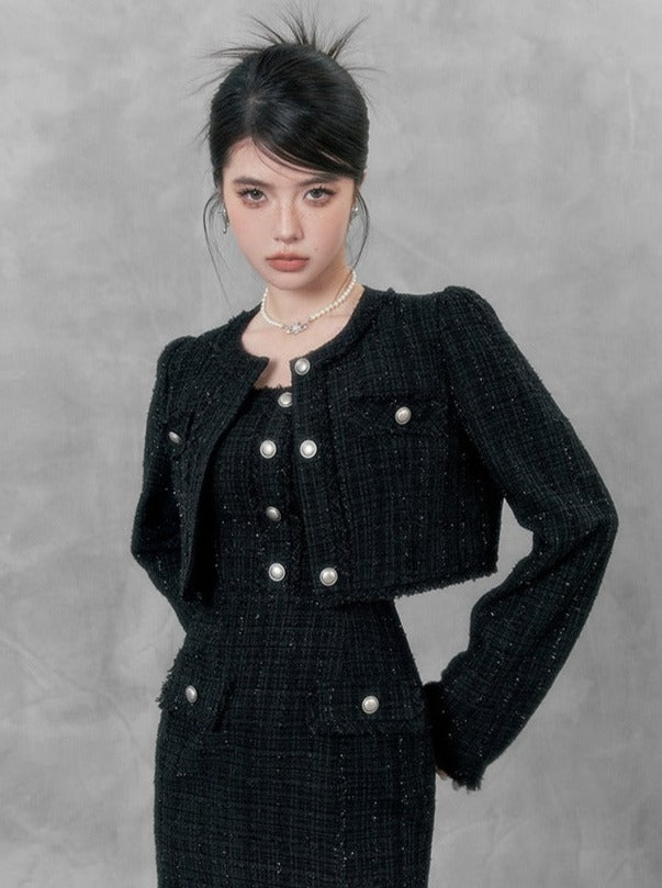 Black Little Tweed Jacket + Suspender Slit Dress