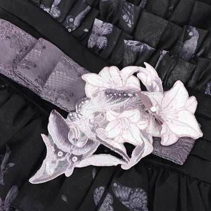 [Scadenza prenotazione 98] Mini abito dolce Lolita a balze con ricamo di gigli, fiocco e farfalla Black x Purple / White x Purple