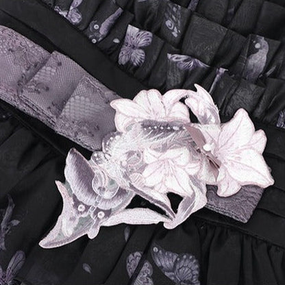 [Scadenza prenotazione 98] Mini abito dolce Lolita a balze con ricamo di gigli, fiocco e farfalla Black x Purple / White x Purple