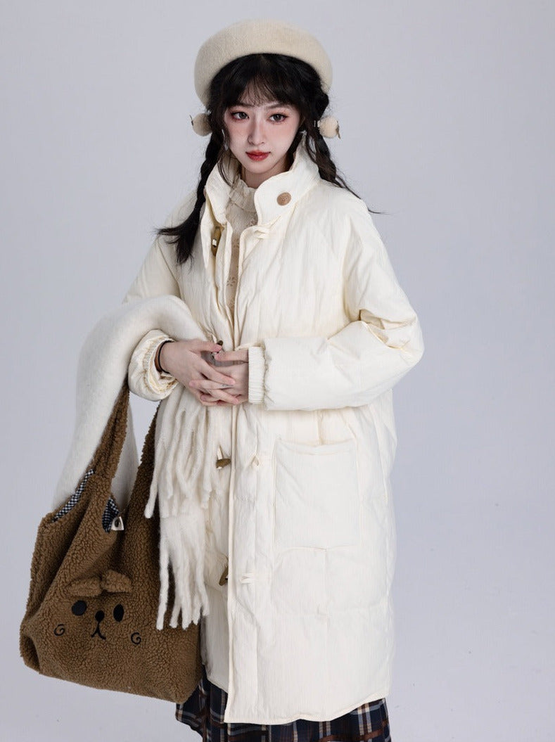 Horn Button Stand Collar Long Duck Down Coat