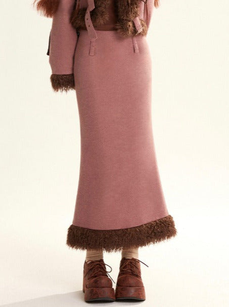 Splicing wool fur short jacket + long skirt