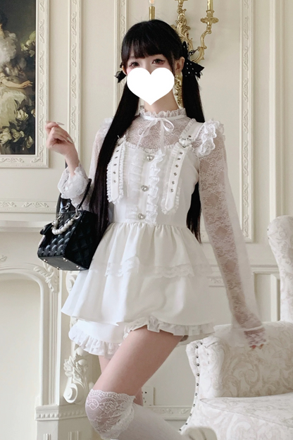 Pure suspender skirt+lace tops+frill pants