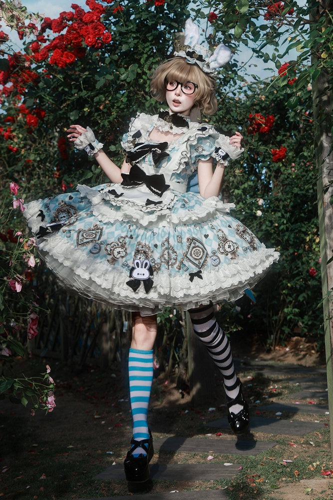 [Reservierungsschluss 30. Juni] Blau-weißes Alice-im-Wunderland Sweet-Lolita-Schleifen-Schürzen-OP-Kleid + Komplettset 1/2