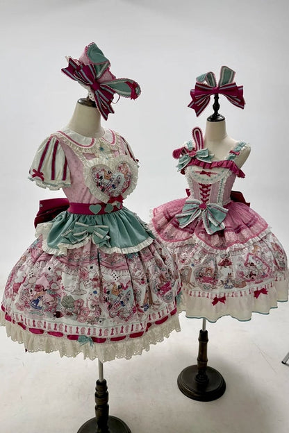 [Pre-order Deadline: July 1] Pink x Green Alice Cat Sweet Lolita Puff Sleeve OP Dress (with Ribbon Apron and Playing Card Motif Waist Belt)