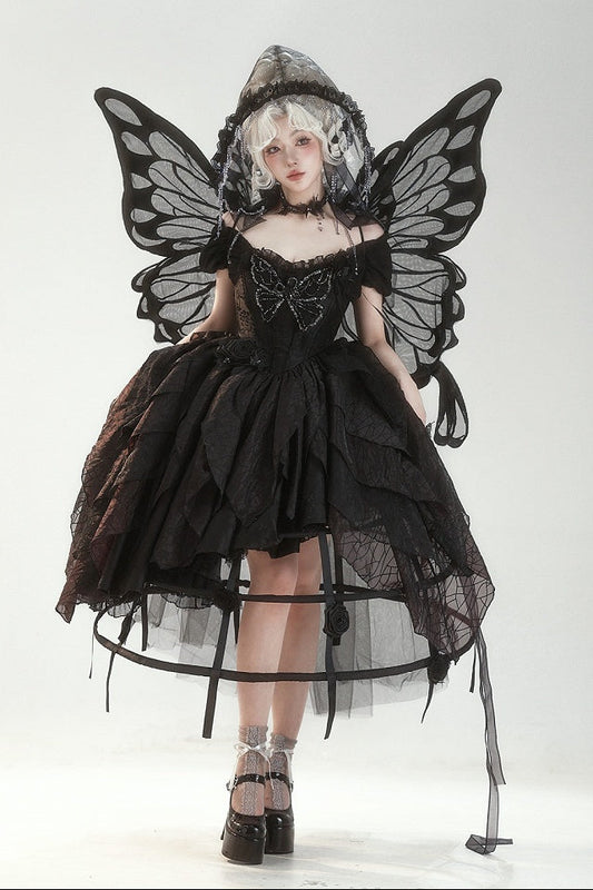 【10月28日予約締切】Black Butterfly Gothic Lolita Puff Sleeve Dress Top + Layered Ruffle Asymmetrical Hem Skirt Set (With Chest Brooch + Waist Brooch)