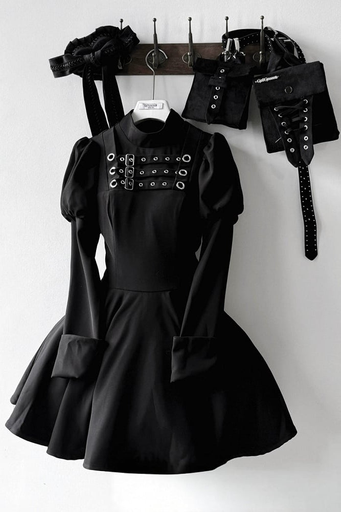 [Scadenza prenotazioni 6 novembre] Abito da bambola steampunk marrone x gothic mode nero con fibbia, collo alto e maniche lunghe a sbuffo