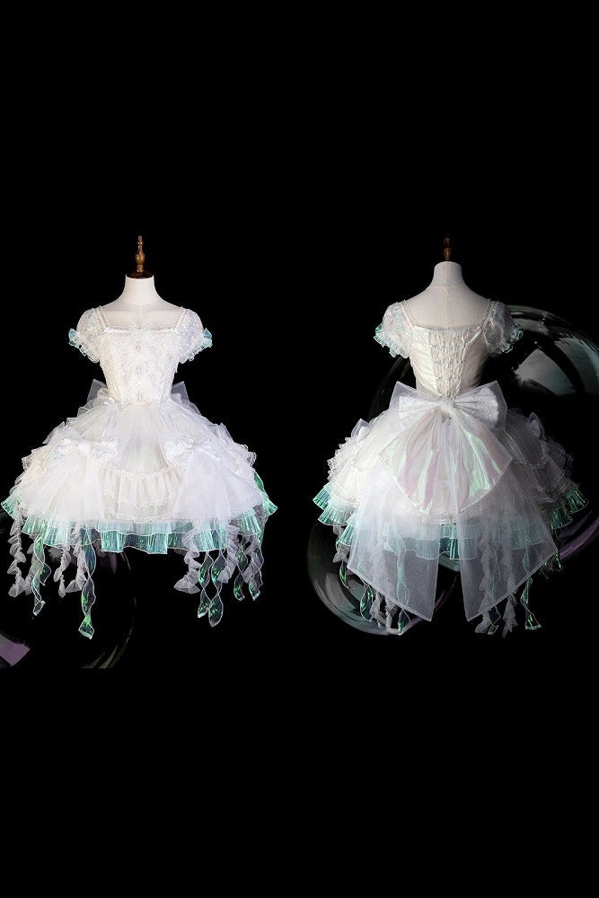 [Reservierungsschluss 1. August] Blau/Weiß/Lila Quallen-Feen-Lolita-Kleid mit Schleifen und Aurora-Schleppe