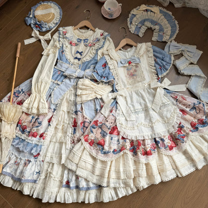 Rabbit Berry Embroidery Print Dress + Bonnet + Hat