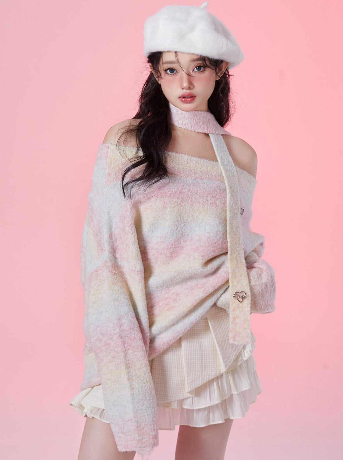 Rainbow Candy Off-Shoulder Wax Lazy Sweater