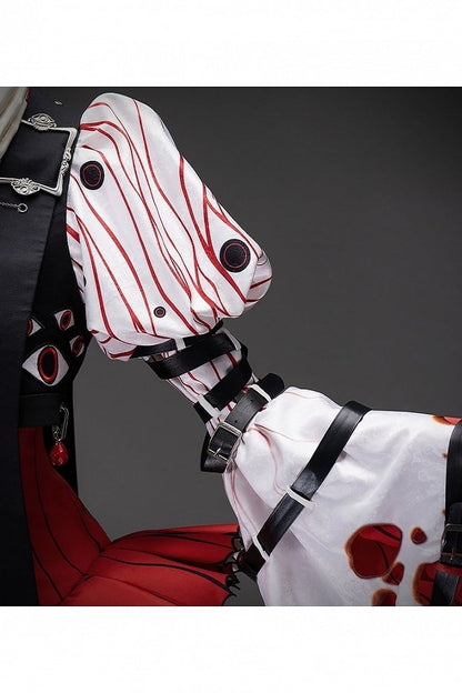[Vorbestellschluss: 9.19.] Dekadentes dunkles Gothic-Blut-Glockenärmel-Top + schwarze Harness-Weste mit Augenstickerei und Schnallen-Set (Blutstropfen-Motiv-Anhänger + Kreuzmotiv-Anhänger) + weiße Puff-Prinzen-Shorts mit Schnalle