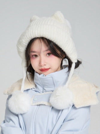 Cat Ear Snowball Knit Hat