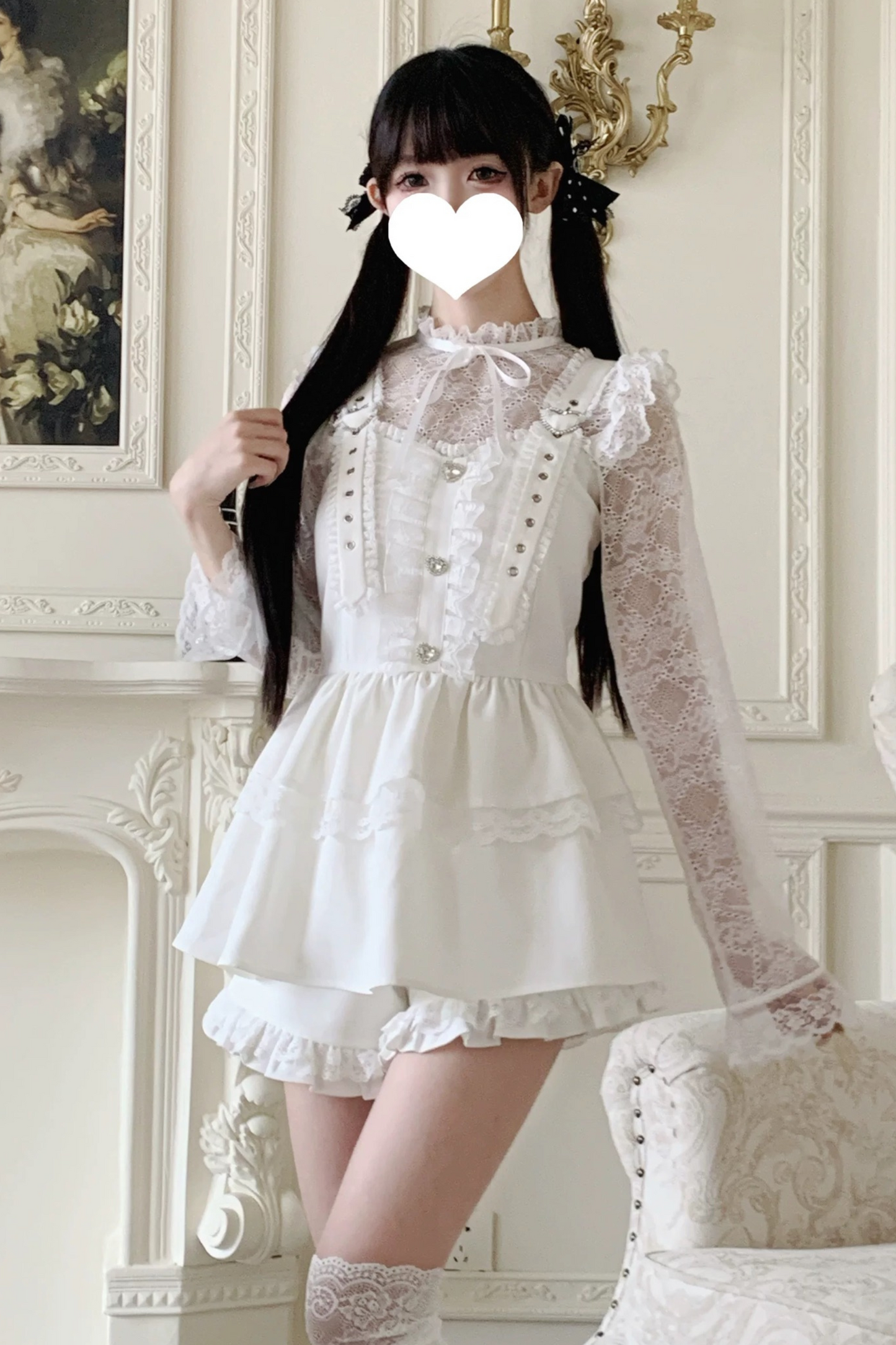 Pure suspender skirt+lace tops+frill pants