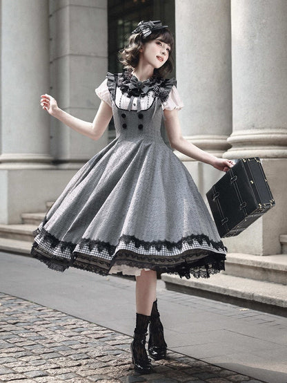 [Pre-order Deadline: May 19] Gray-Black Classic Lolita Top, JSK One-Piece & Bow Tie 3-Piece Ensemble