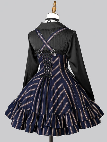 【12月29日予約締切】ゴシックロリータストライプバッククロスフリルサスドレス