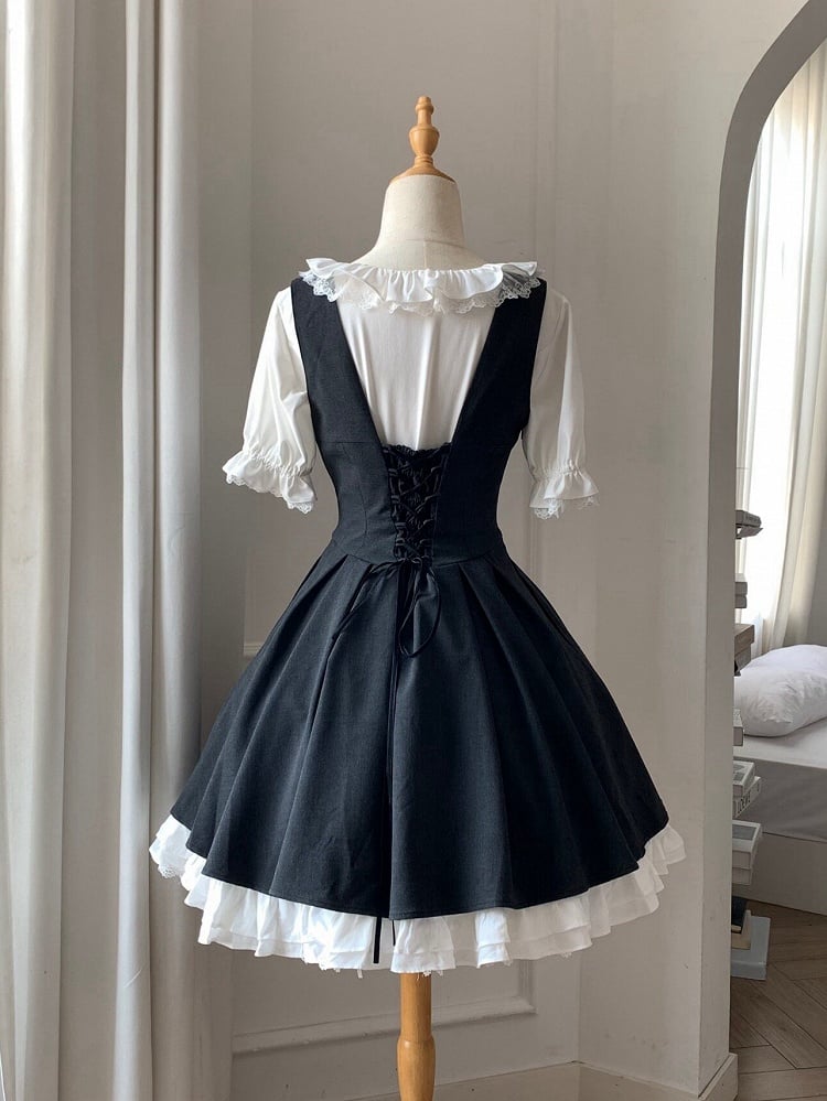 【4月14日予約締切】ダークグレークラシックラペルショルダーロリータコルセットドレス（ショート・ロングA/B）