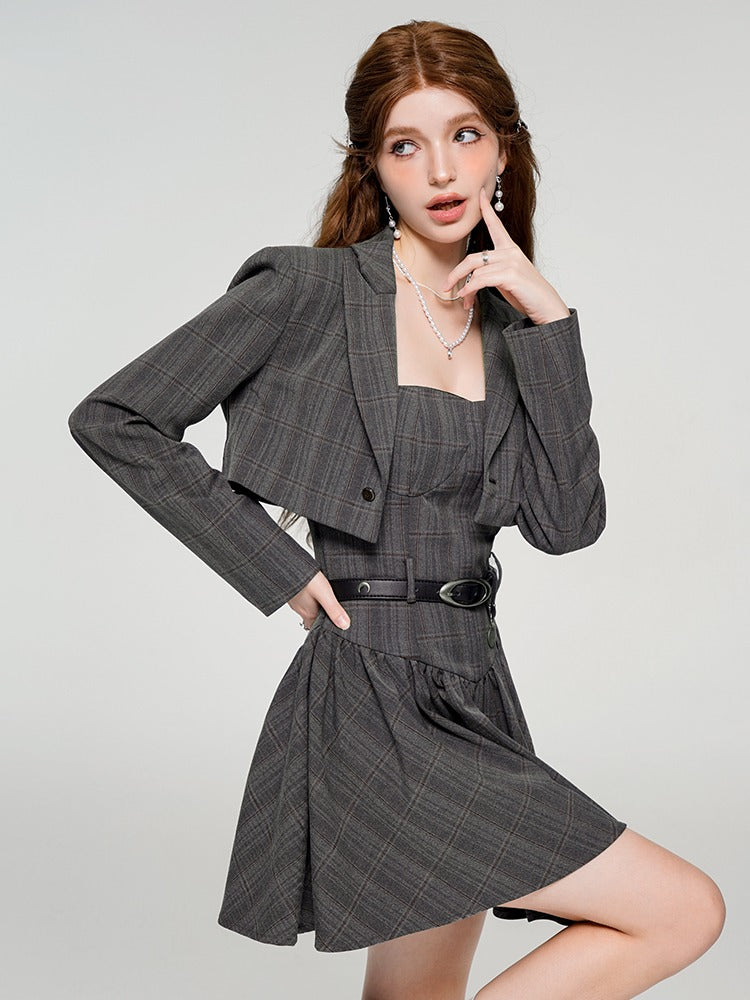 College Style Classic Gray Check Short Jacket + Dress