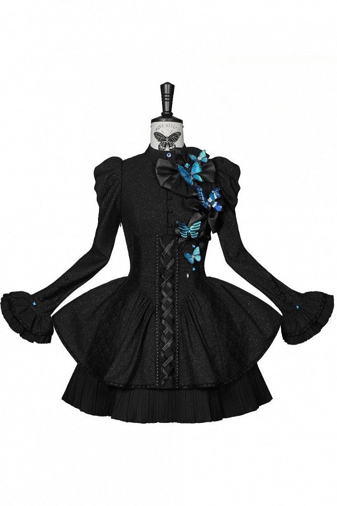[Reservierungsschluss 14. Oktober] Schwarz-weißes Gothic-Lolita-Minikleid mit Schmetterlingsschleife, Bandkragen und Schnürung am Rücken