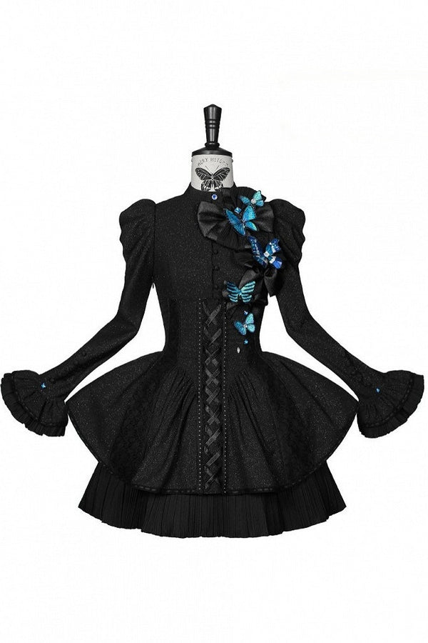 【10月14日予約締切】Black/White Gothic Lolita Butterfly Ribbon Band Collar Back Lace-Up Mini Dress