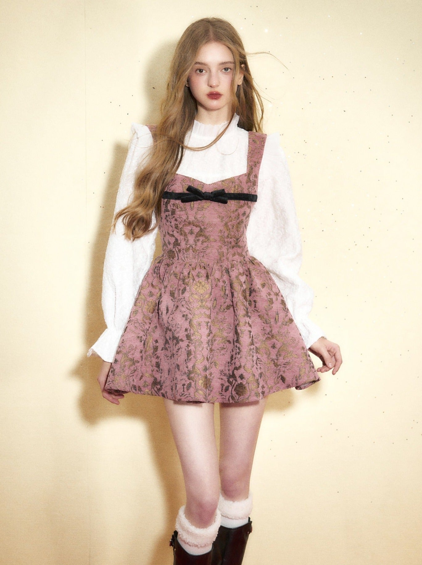 Pink Bronze Jacquard Velvet Contrast Color Ribbon Dress