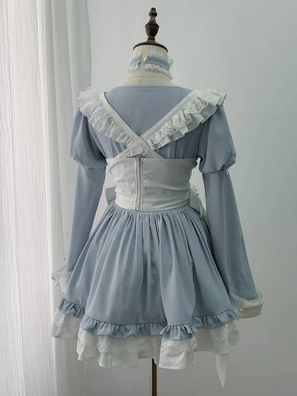 【4月15日预售截止】水蓝色医疗蕾丝交叉围裙连衣裙+项圈