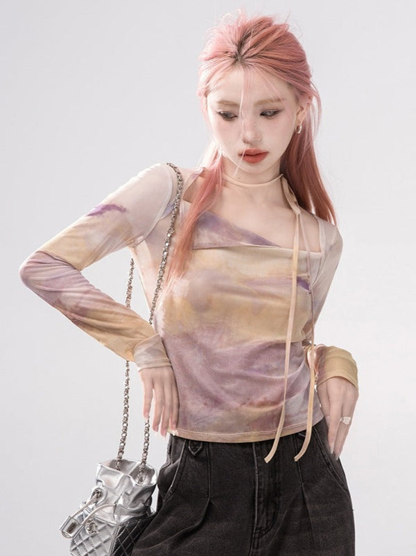 Milk Grape Smoothie Millennium Square Ribbon Sheer Tops