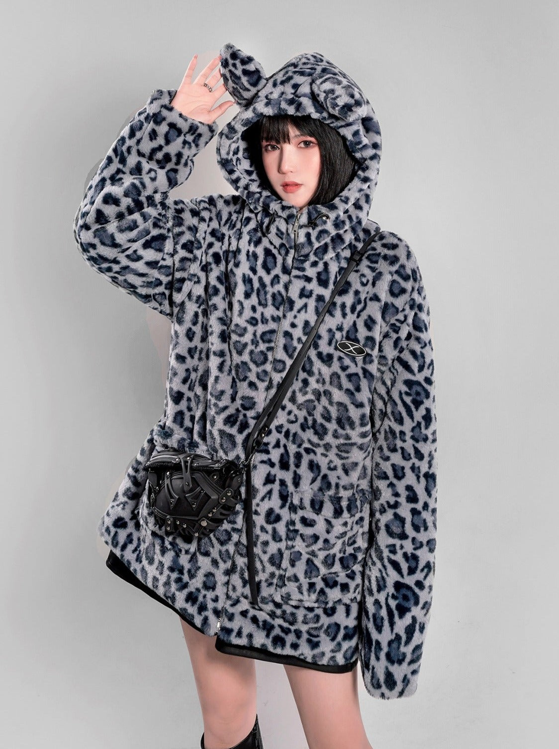 Cat Ear Leopard Fur Coat with Hood