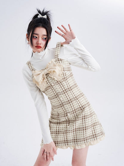 Check French Ribbon Suspender Skirt