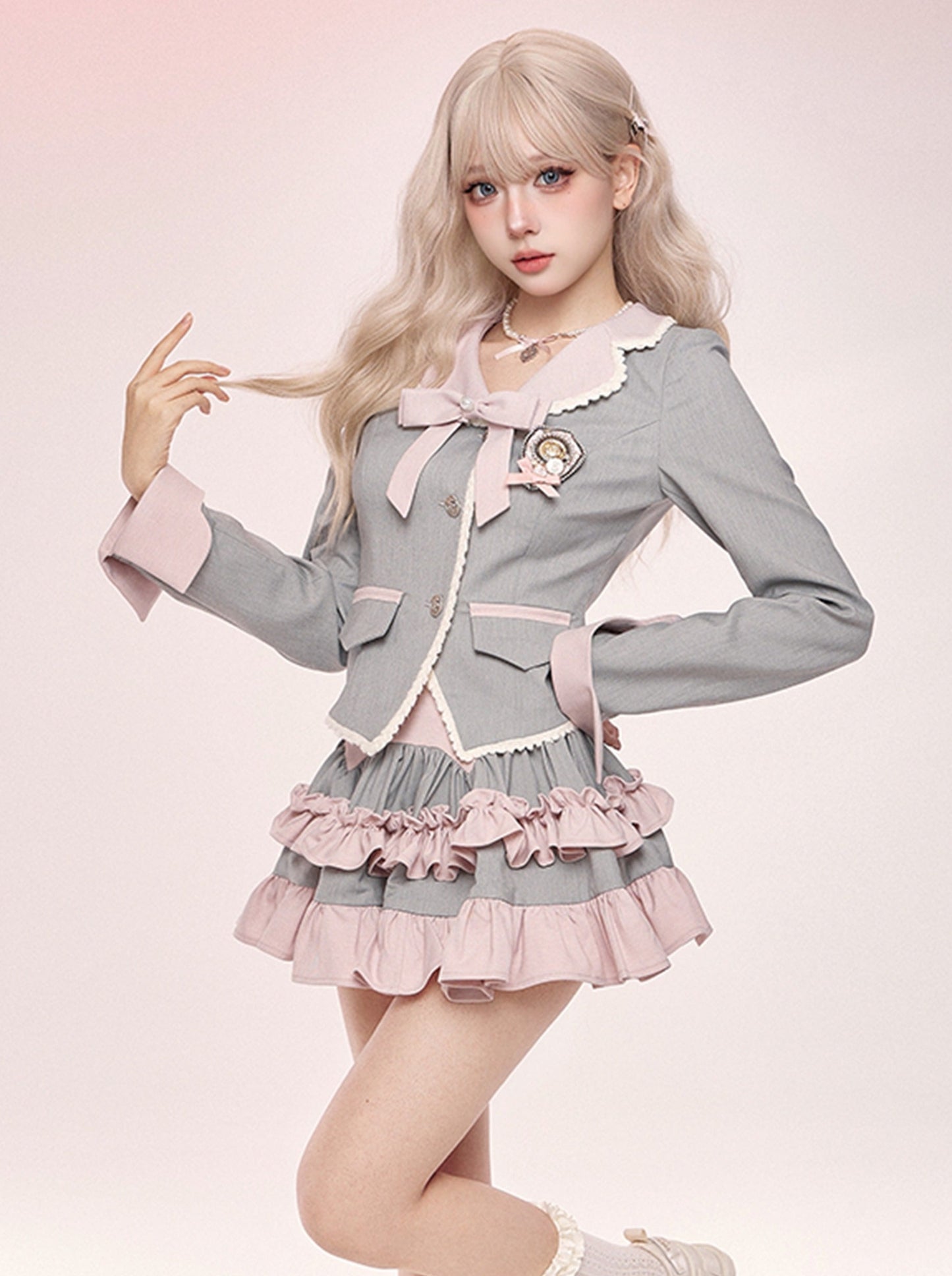 Gray-Pink College Jacket + Ruffle Short Skirt