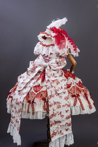 【9月10日予約締切】Red/Platinum Gold Rococo Fantasy Puff Sleeve Ribbon Tiered Princess Lolita Dress Bridal＋Full set[Op Dress + Feather Hat + Choker + Back Ribbon Train + Lace Gloves]