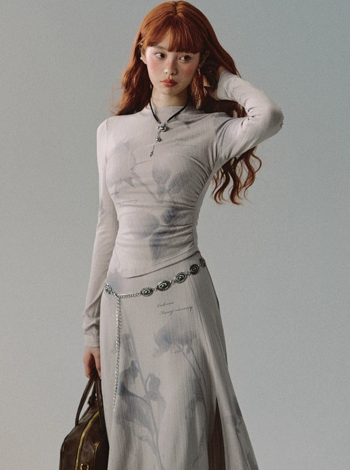 Gray Flower Slim Tight Top + Long Skirt