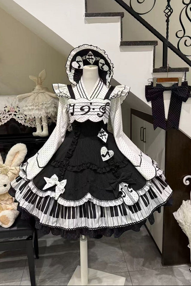 [Reservierungsschluss 15. August] Klassisches Piano-Lolita-JSK mit Rüschenträgern, Notenschleifen-Schürzenkleid-Set + Komplettset