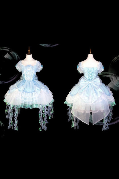 [Reservierungsschluss 1. August] Blau/Weiß/Lila Quallen-Feen-Lolita-Kleid mit Schleifen und Aurora-Schleppe