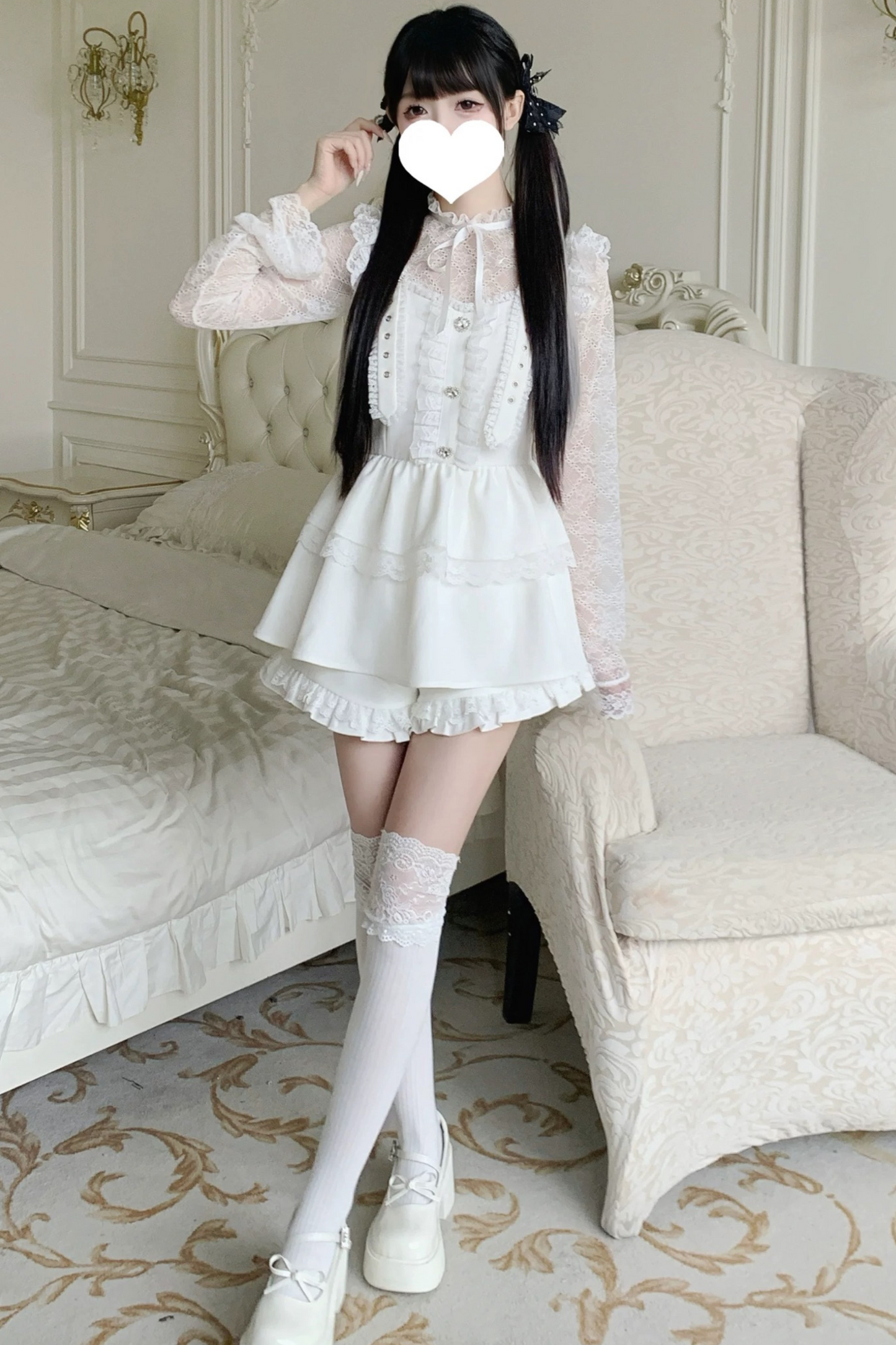 Pure suspender skirt+lace tops+frill pants