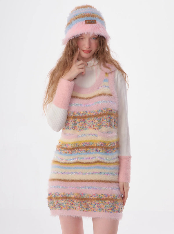 American Retro Color Grain Stripe Knit Vest Sleeveless Long Skirt