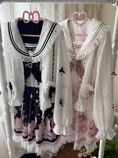 Sailor Color Sweetheart Print Dress + V-Neck Frilled Knit Cardigan