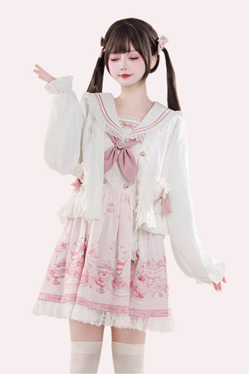 Sailor Color Sweetheart Print Dress + V-Neck Frilled Knit Cardigan