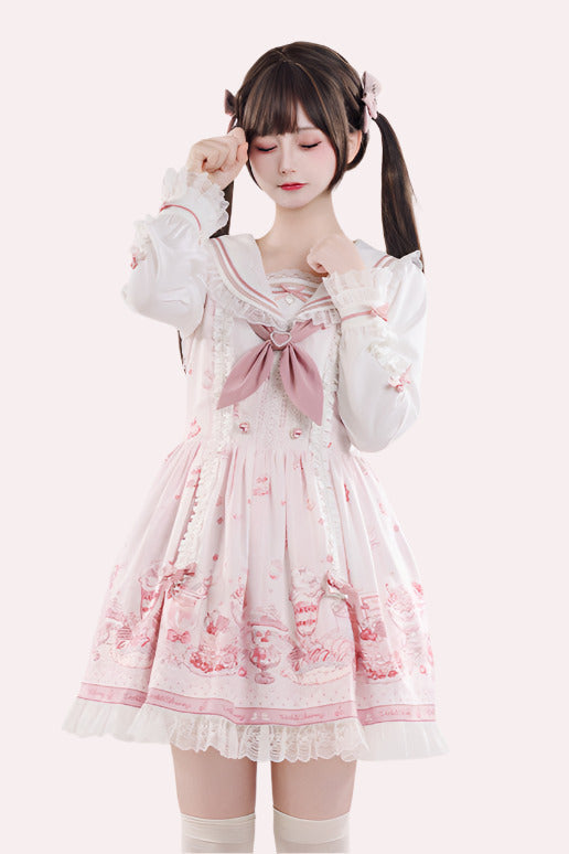 【数量限定】セーラーカラースイーツプリントドレス＋Vネックフリルニットカーディガン