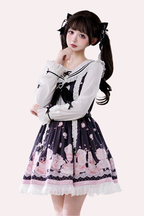 Sailor Color Sweetheart Print Dress + V-Neck Frilled Knit Cardigan