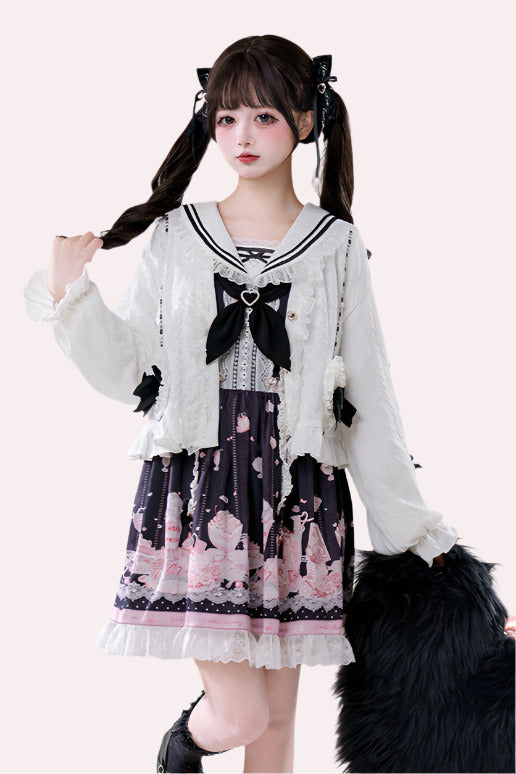 Sailor Color Sweetheart Print Dress + V-Neck Frilled Knit Cardigan