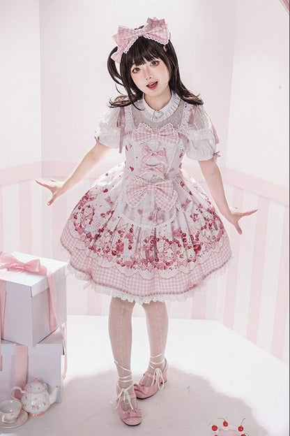 [Précommande jusqu'au 5 mai] Robe JSK à imprimé cerises roses, dentelle, ruban et tablier oreilles de lapin + accessoires