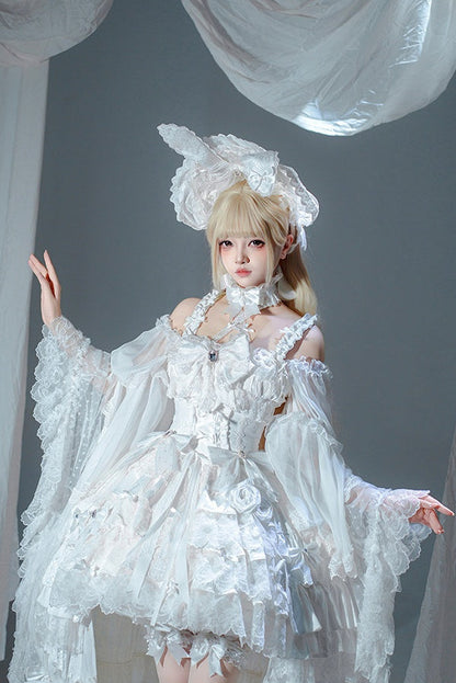 【7月19日予約締切】ホワイト/ブラックウエディングロリータドレスフルセット（JKSドレス＋姫袖ブラウス＋ロングオーバーレイ＋リボンアクセサリー）