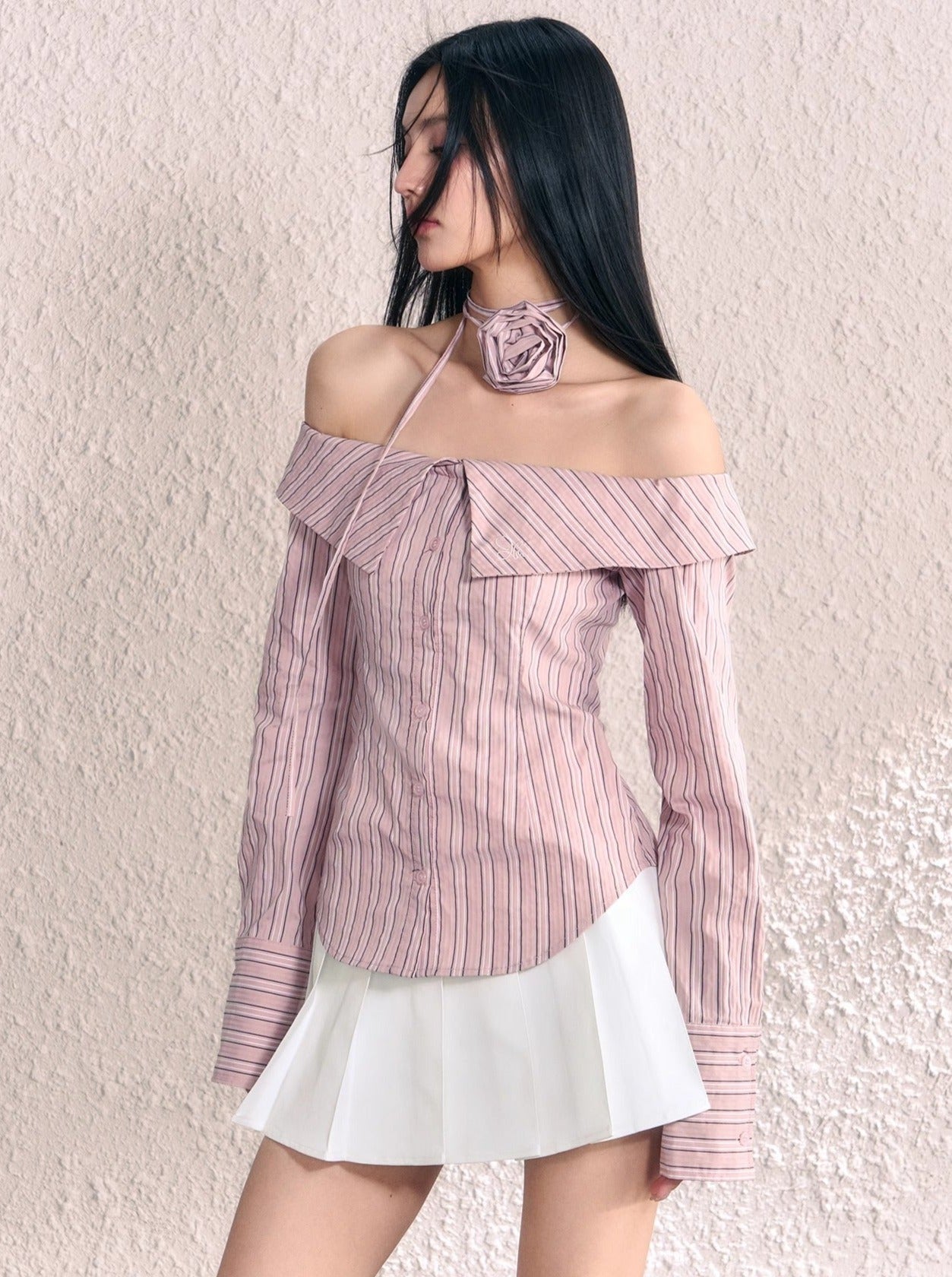 Striped neck flower design off-the-shoulder shirt