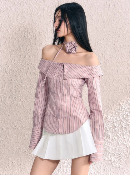 Striped neck flower design off-the-shoulder shirt