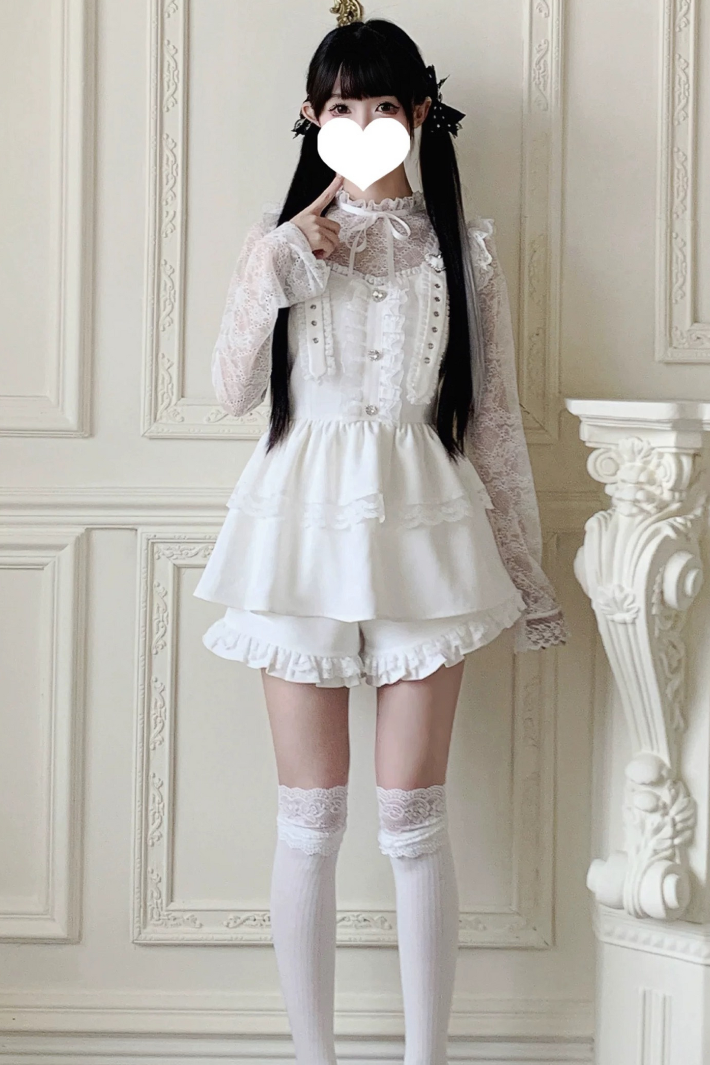 Pure suspender skirt+lace tops+frill pants