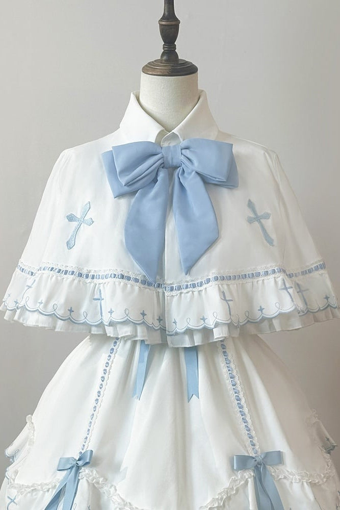 【10月4日予約締切】Blue & White / Pink & White Gothic-Inspired Sweet Lolita Ribbon Ruffle Dress＋Cross Embroidery Ribbon Cape